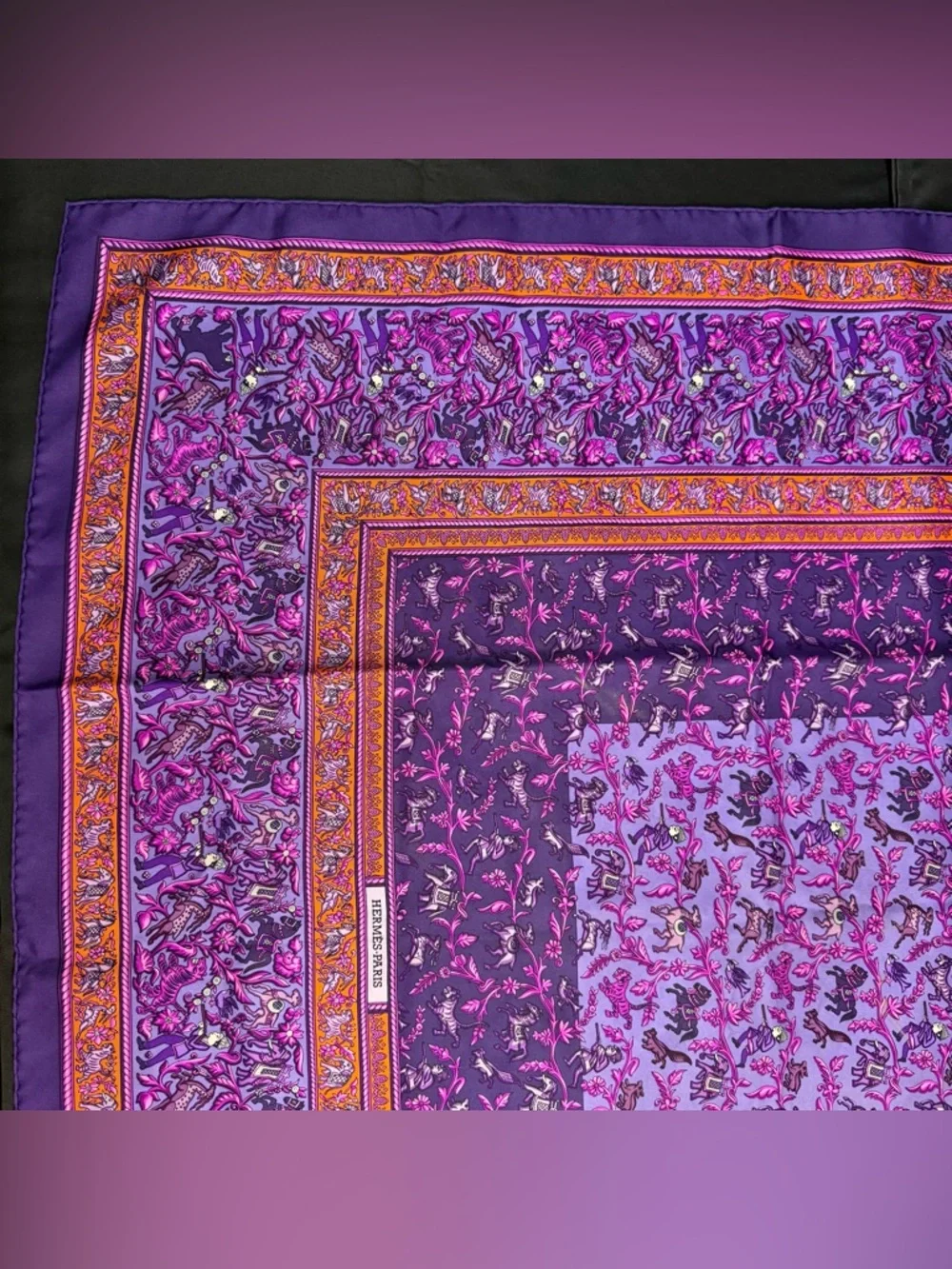 Hermes Silk Scarf Chasse En Inde Purple Orange India Hunter Tiger Elephant Horse - Picture 3 of 12
